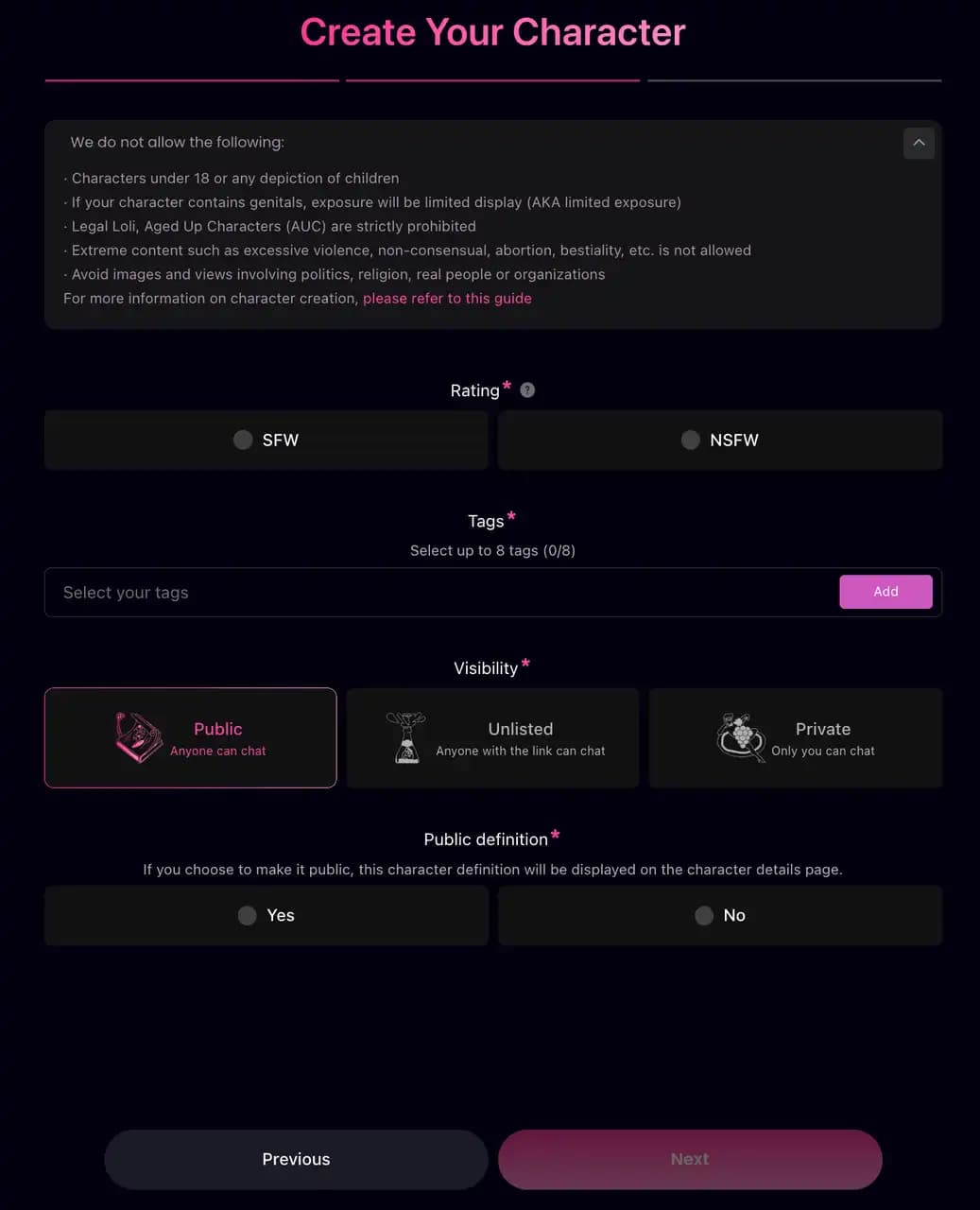 Tags and visibility settings