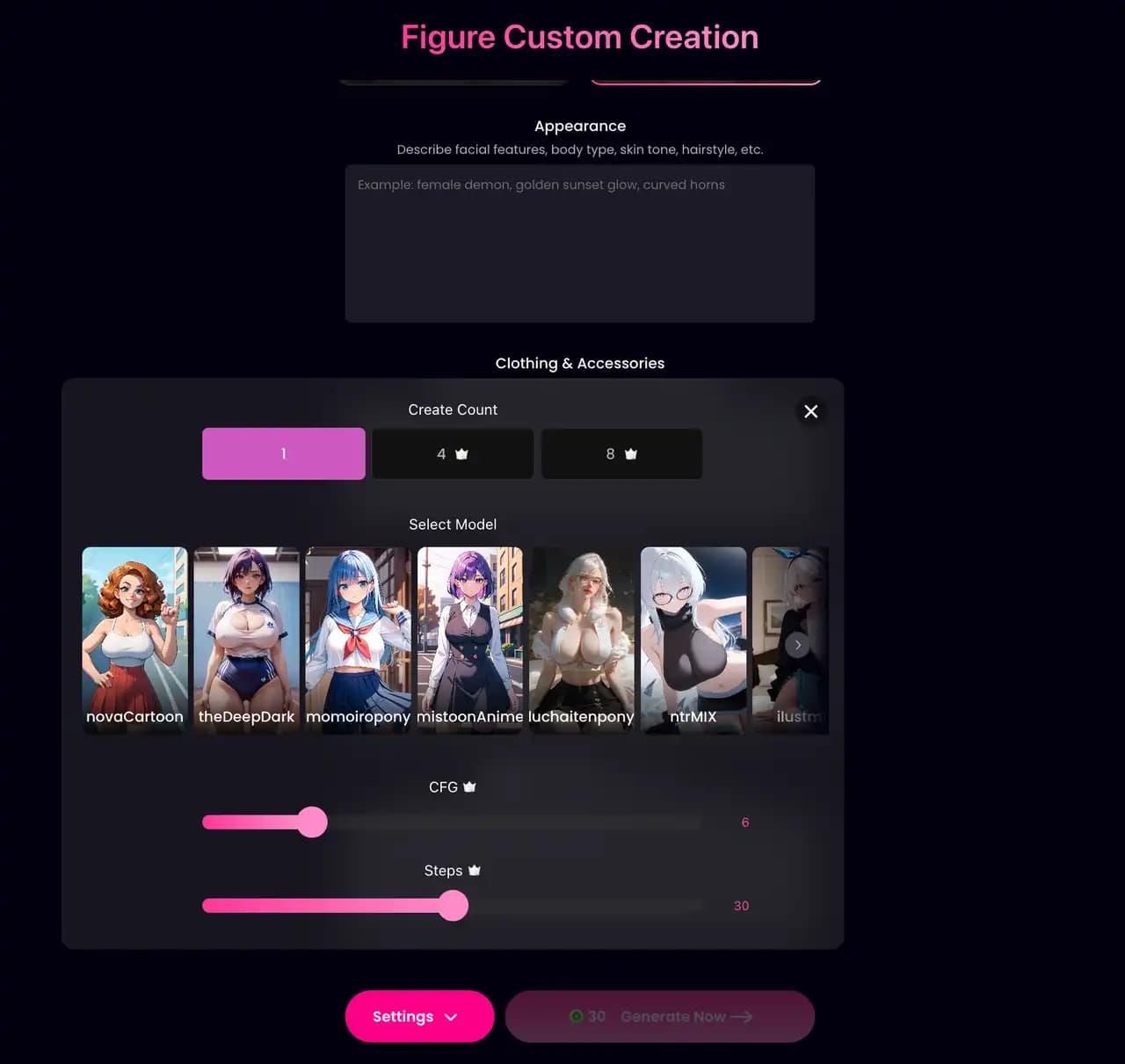 Figure Custom Creation settings